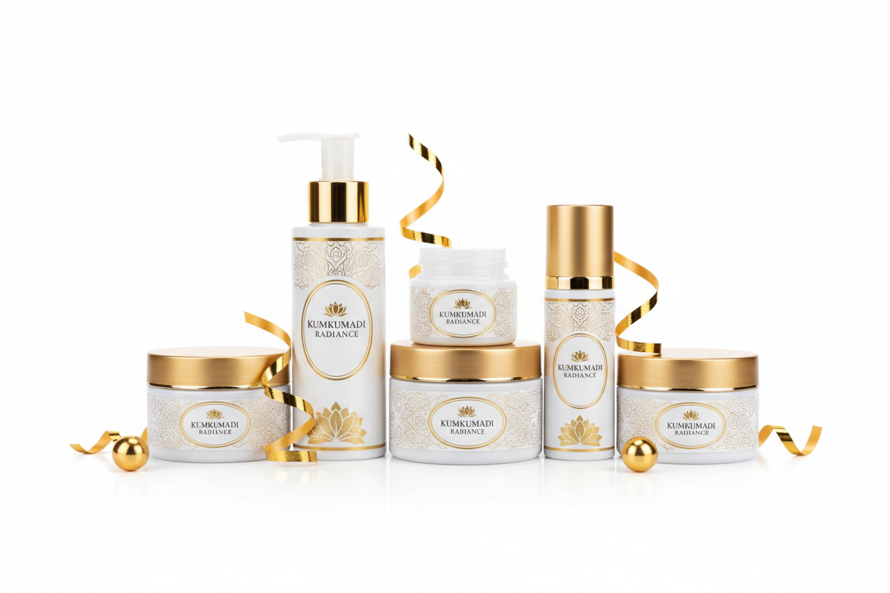 create a kum kumadi facial kit for my product image in golden and white colour