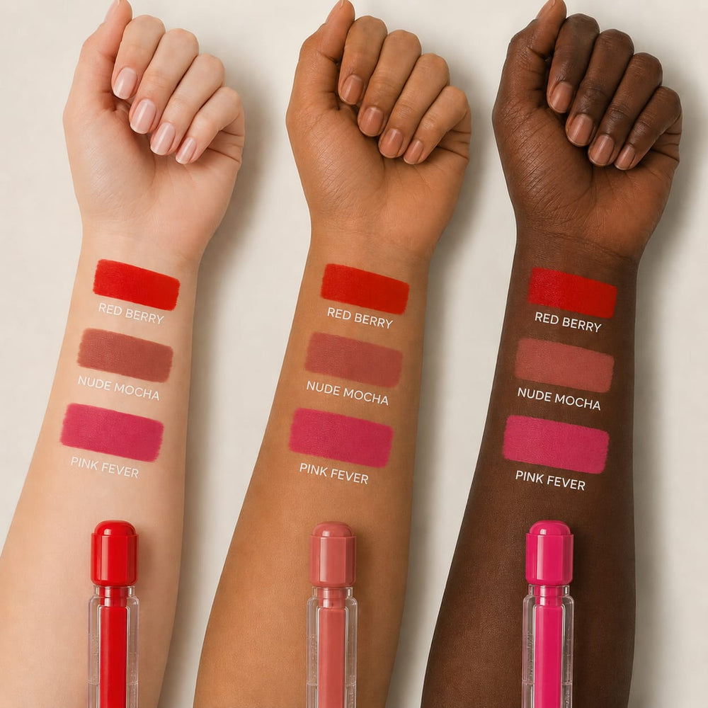 Red Berry, Nude Mocha and Pink Fever shade swatches on three skin tones