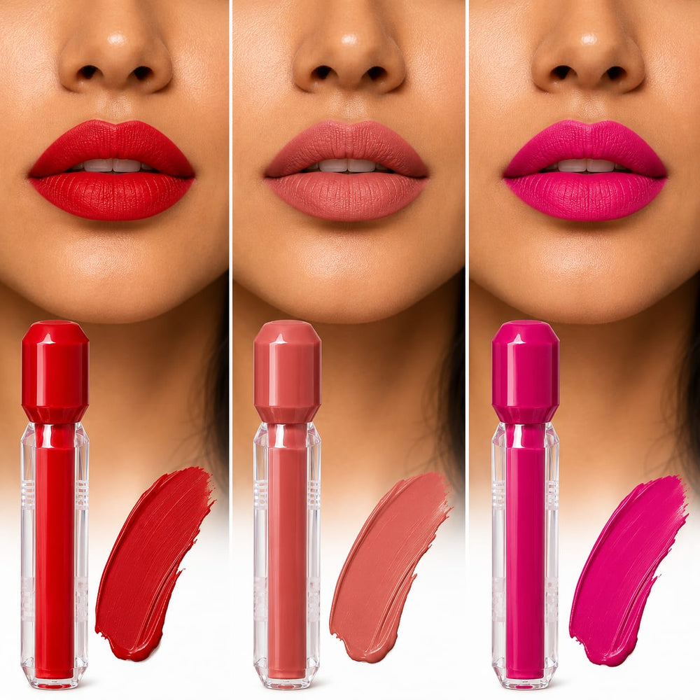 Red Berry, Nude Mocha and Pink Fever on lips
