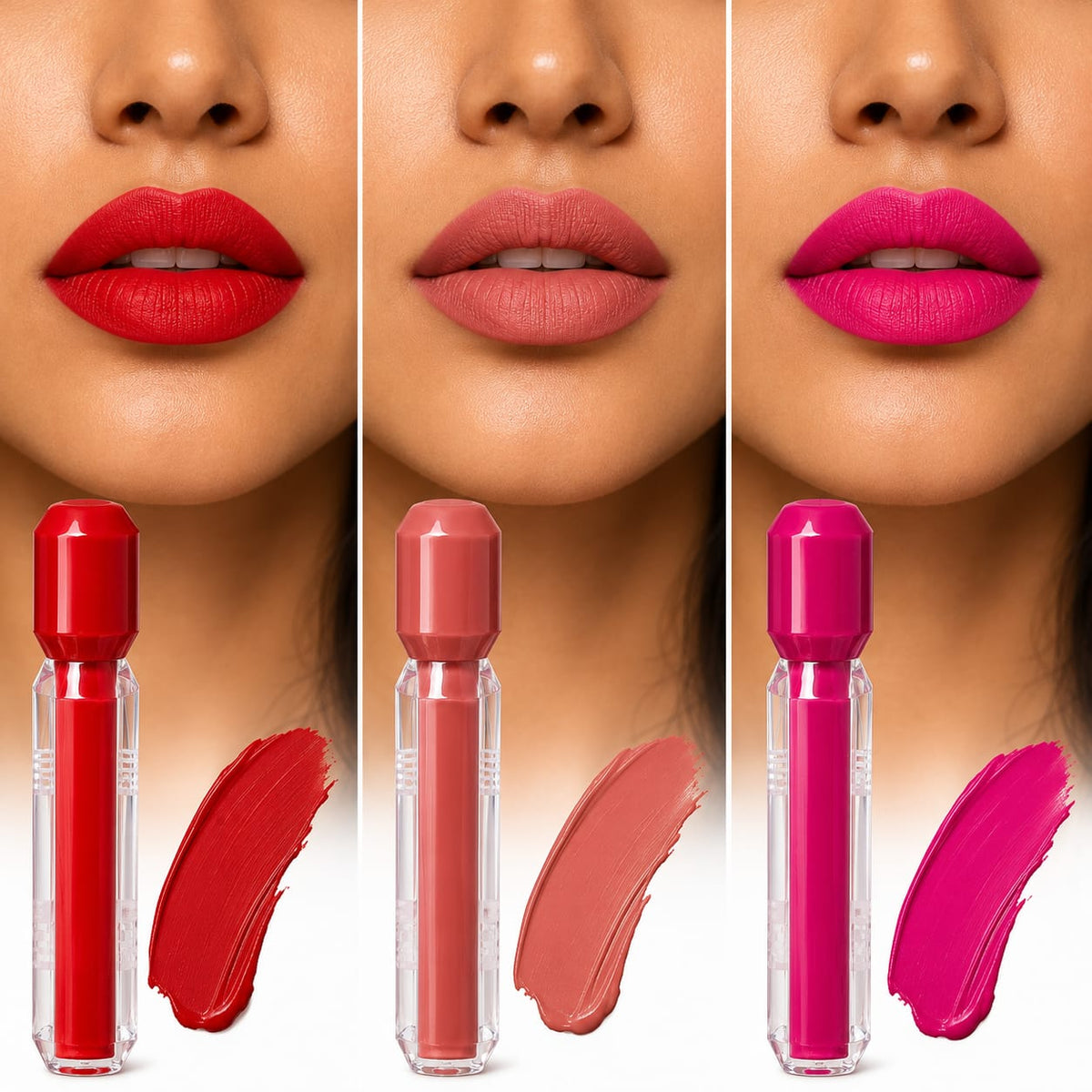 Red Berry, Nude Mocha and Pink Fever on lips
