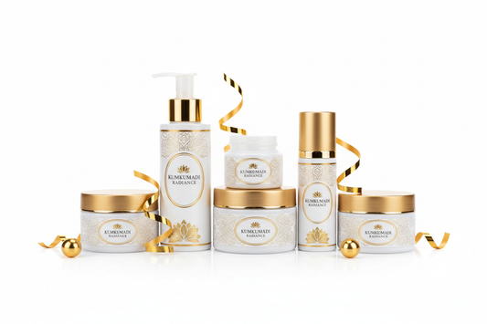 create a kum kumadi facial kit for my product image in golden and white colour